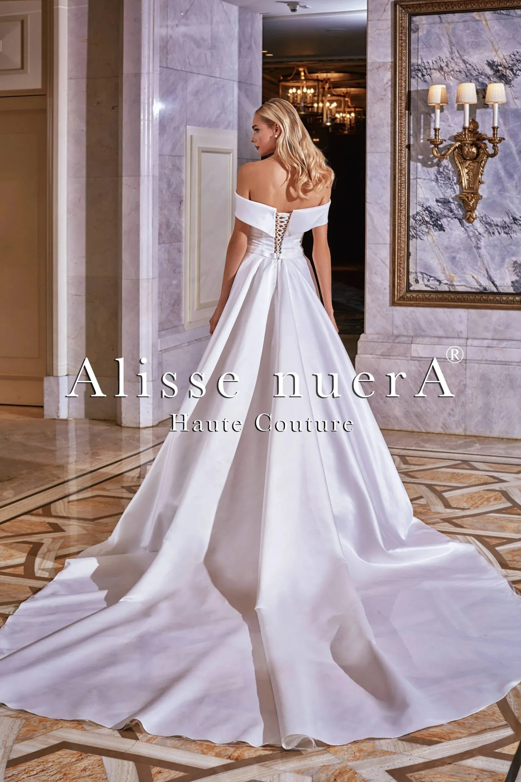 Satin Straight Off Shoulder Elegant Bridal Dress with Royal Train