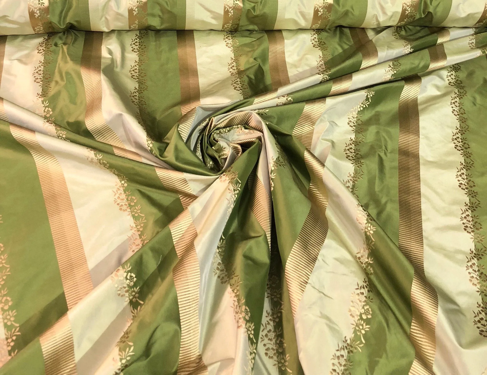 Silk taffeta 54&quot; wide    Beautiful green shades stripe silk taffeta with gold jaquard stripe silk taffeta fabric sold by the yard