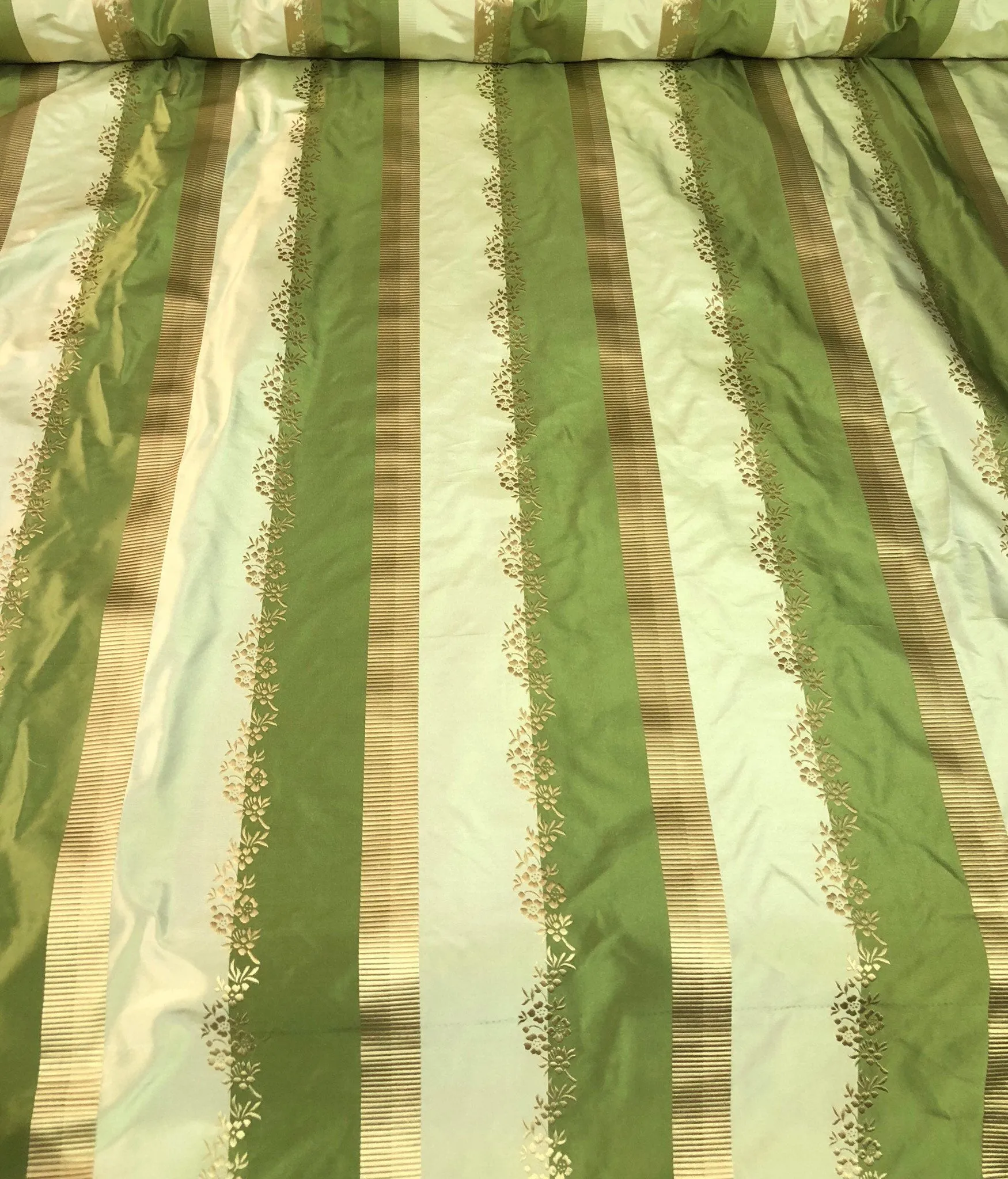 Silk taffeta 54&quot; wide    Beautiful green shades stripe silk taffeta with gold jaquard stripe silk taffeta fabric sold by the yard