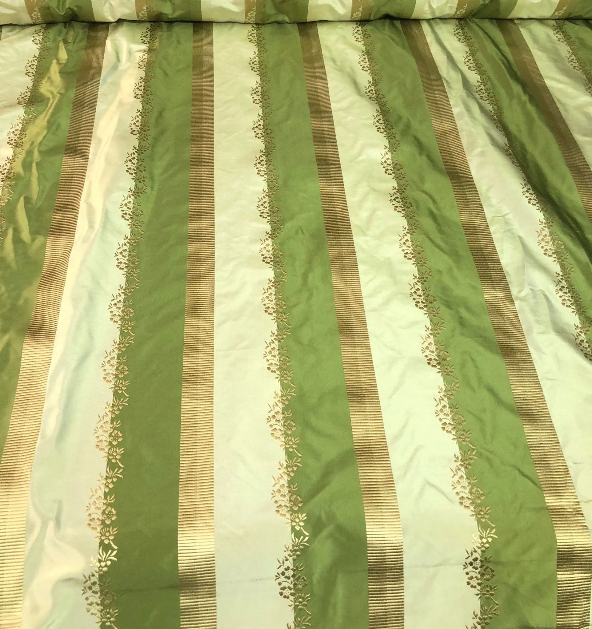 Silk taffeta 54&quot; wide    Beautiful green shades stripe silk taffeta with gold jaquard stripe silk taffeta fabric sold by the yard