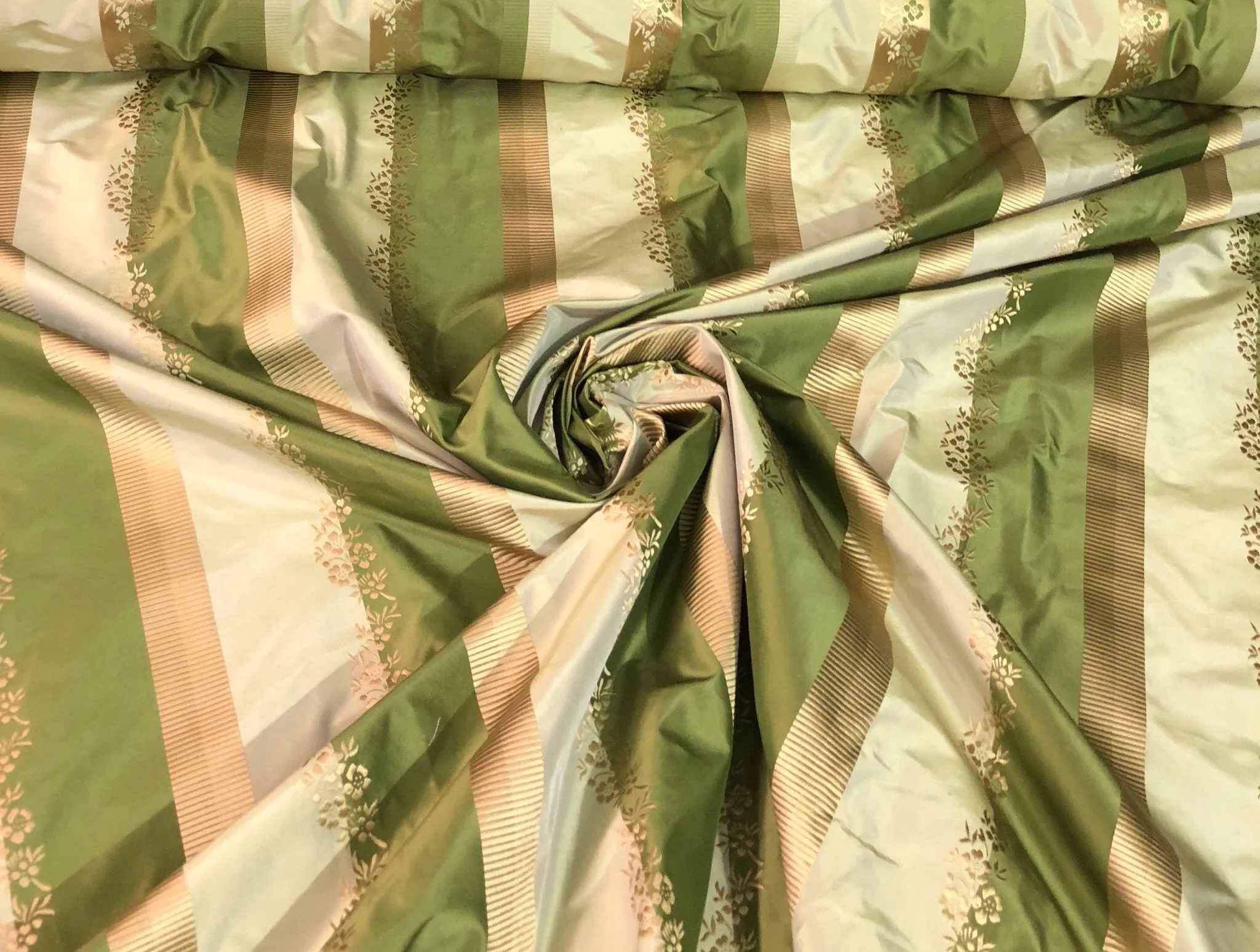 Silk taffeta 54&quot; wide    Beautiful green shades stripe silk taffeta with gold jaquard stripe silk taffeta fabric sold by the yard