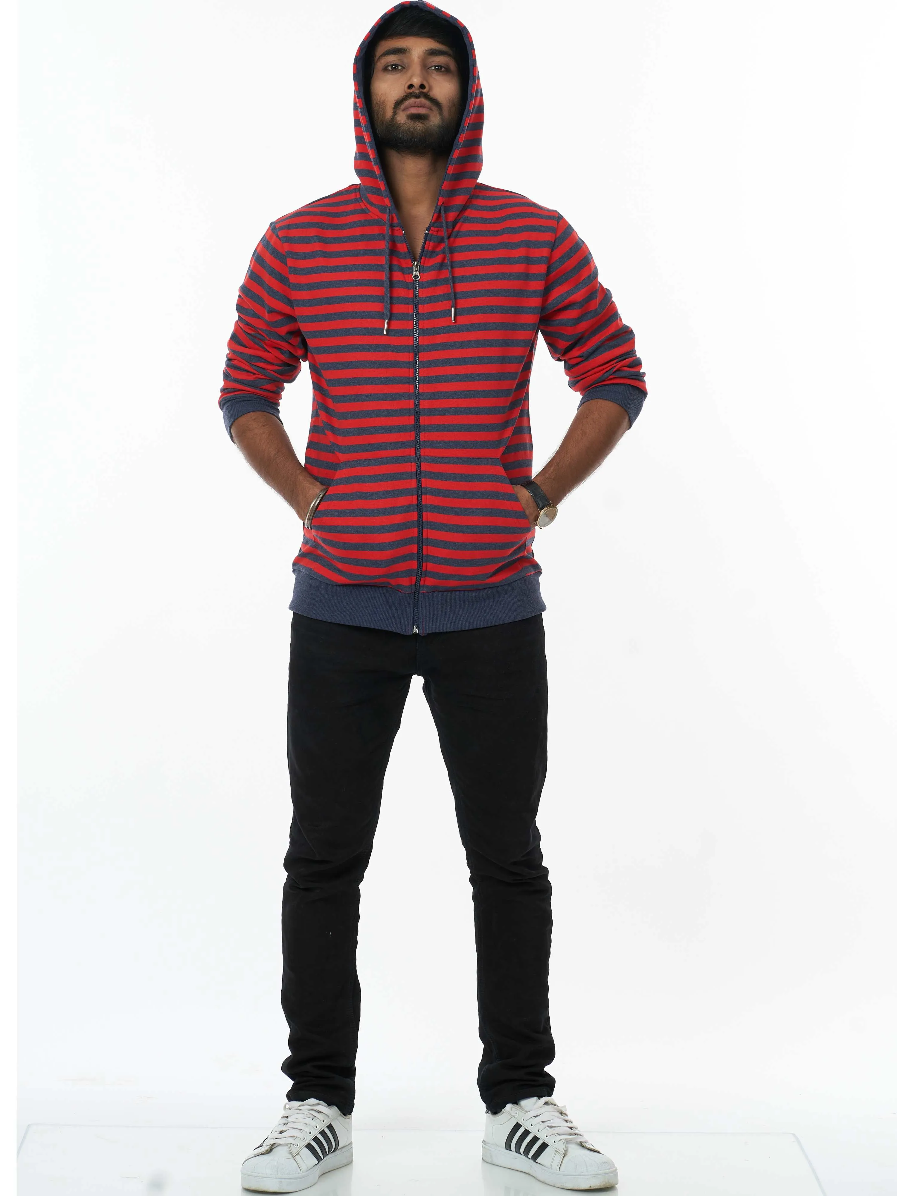 Stylish Men's Hooded Sweatshirt- Black Red Stripes