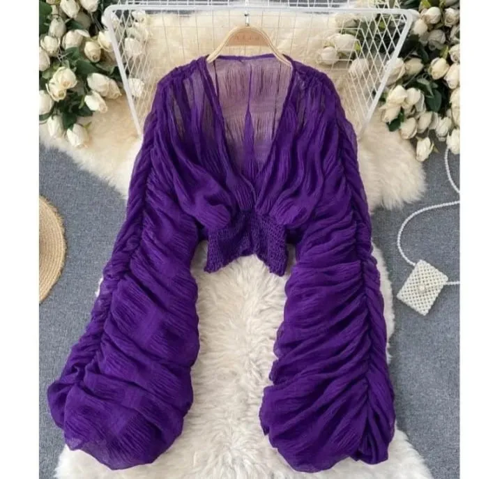 Summer Sexy Draped Chiffon Blouse for Women Elegant V-Neck Puff Long Sleeve Short Tops Female Slim Party Shirts   S5015845