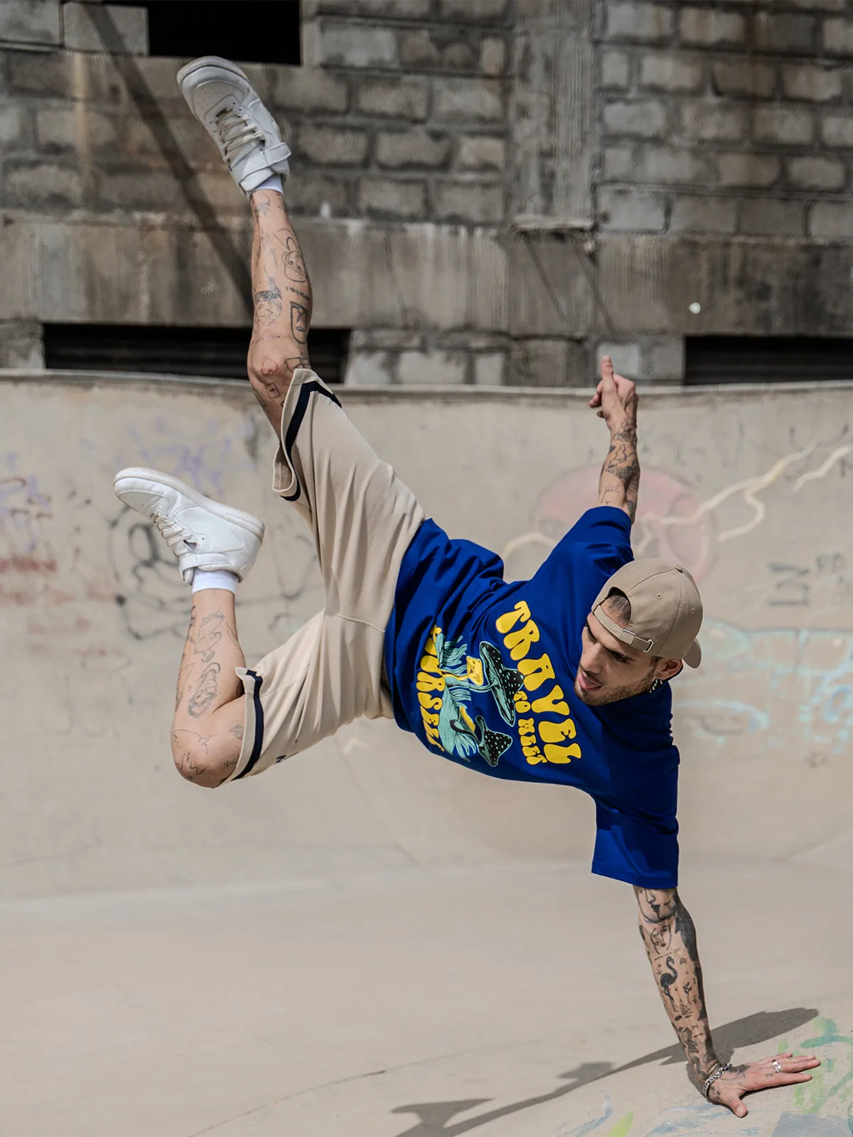 Travel Blue Oversized Chest Graphic Printed Tshirt