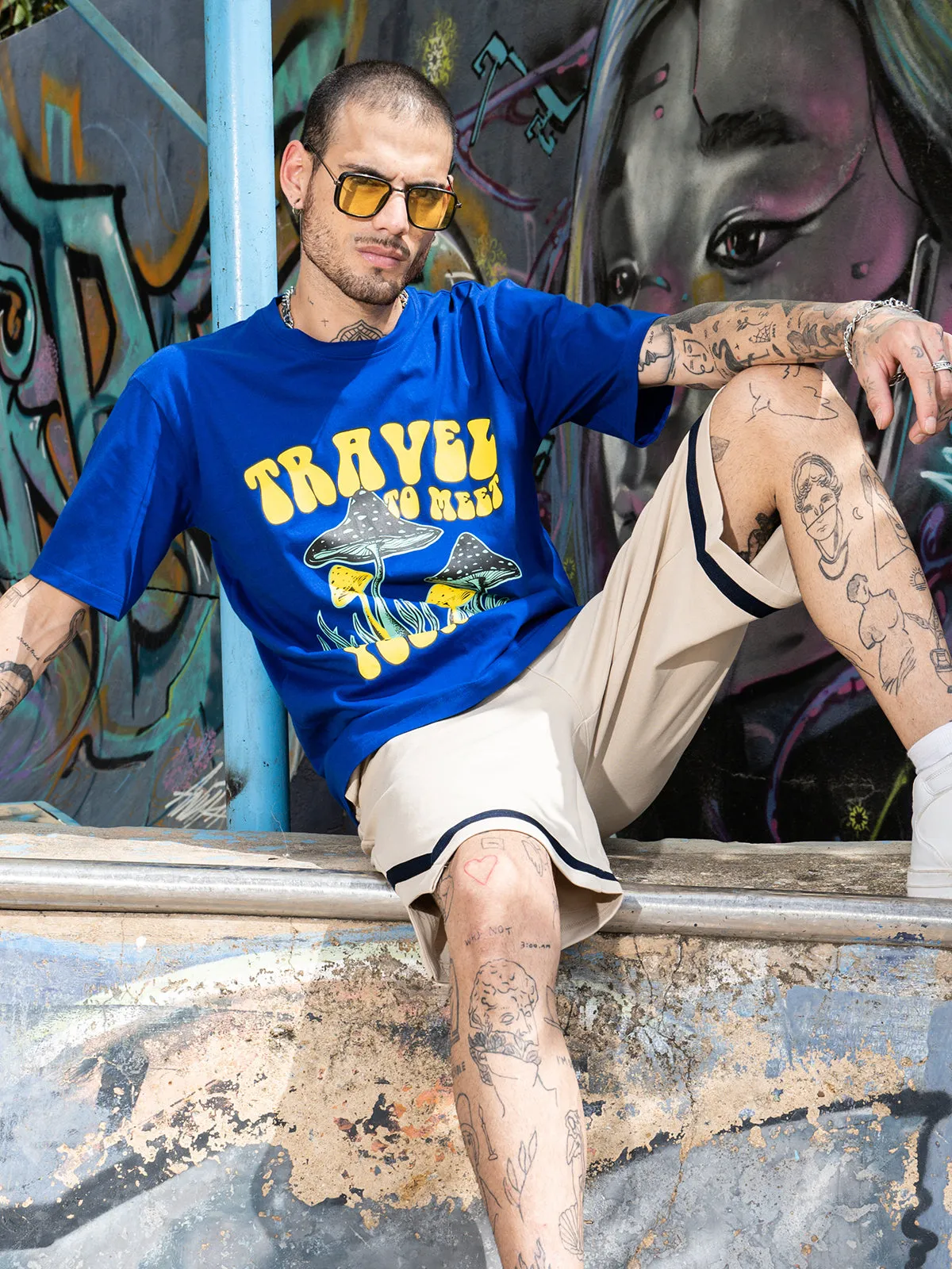 Travel Blue Oversized Chest Graphic Printed Tshirt
