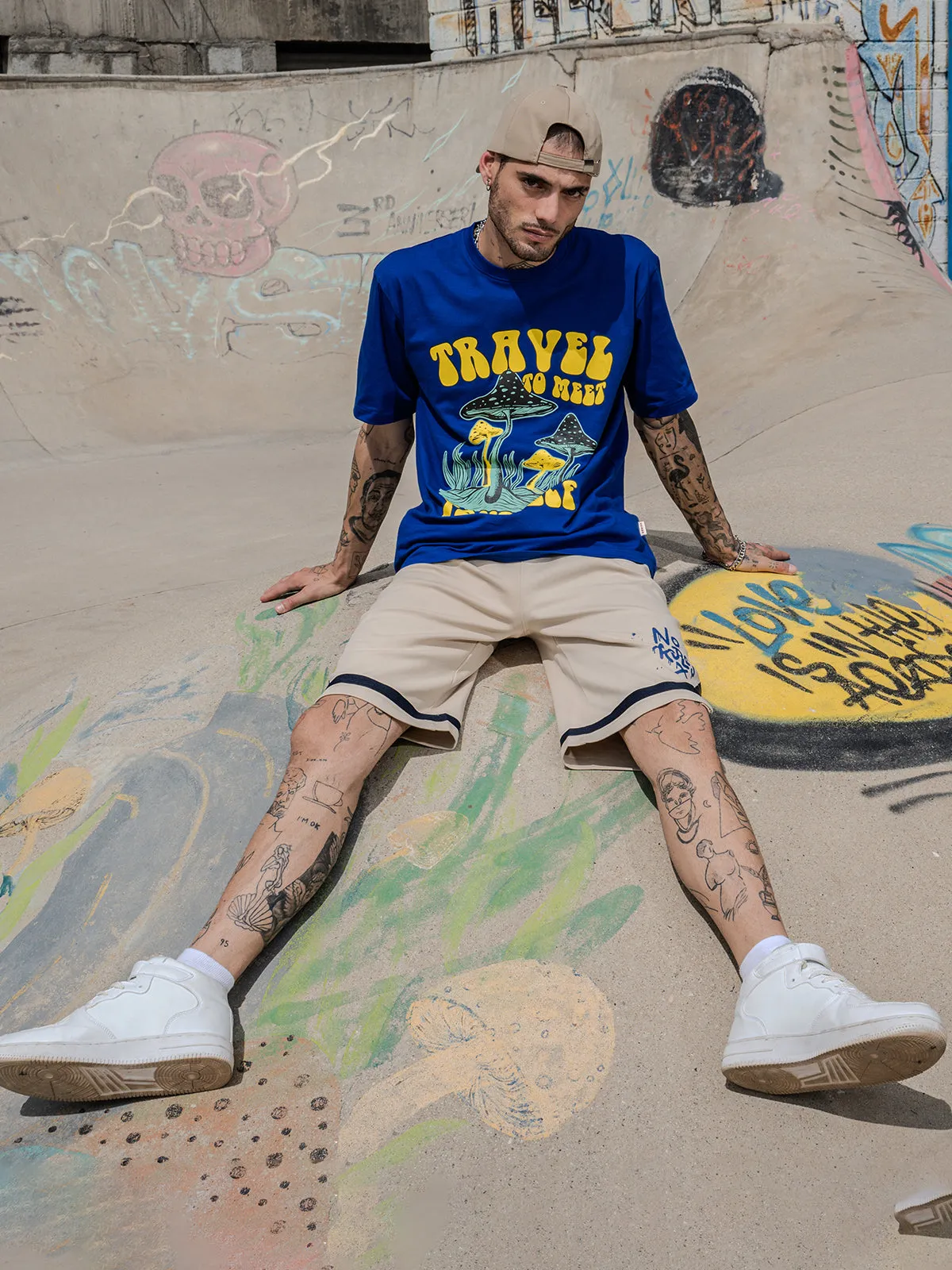 Travel Blue Oversized Chest Graphic Printed Tshirt
