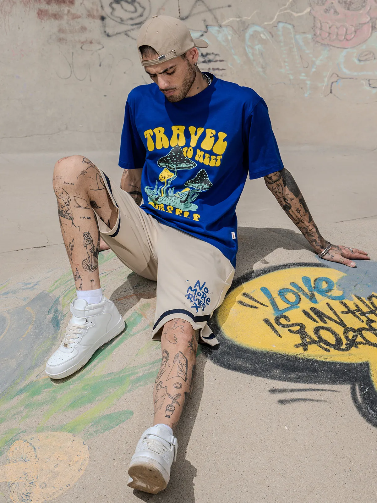 Travel Blue Oversized Chest Graphic Printed Tshirt